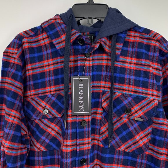 BlankNYC Shirt Mens Size Medium Button Down Plaid Hooded Long Sleeve Blue NWT - Picture 3 of 11